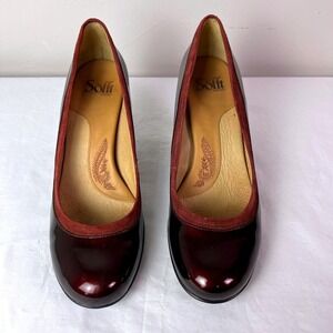 Sofft Pumps 10M Burgundy Patent Leather Suede Trim Stacked Heel Dark Academia
